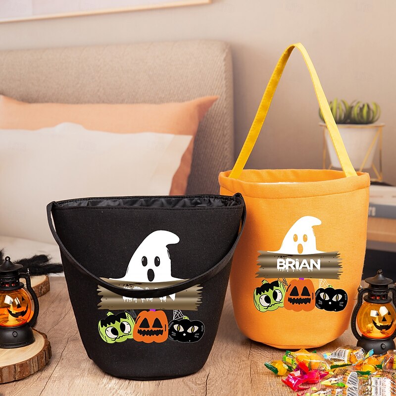 Personalized Name Halloween Treat Bag for Kids Trick or Treat Custom Candy Tote Bag Basket Gift Bag, Funny Ghost Design Large Capacity Reusable Candy Toy Holder3