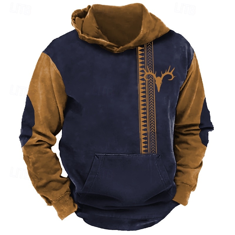 Men's Deer Hoodie Long Sleeve Sweatshirts Oktoberfest Vintage Retro Festival Autumn-Winter Collection Blue Brown Khaki Clothing Apparel Designer Graphic Print S M L Sizes Available3
