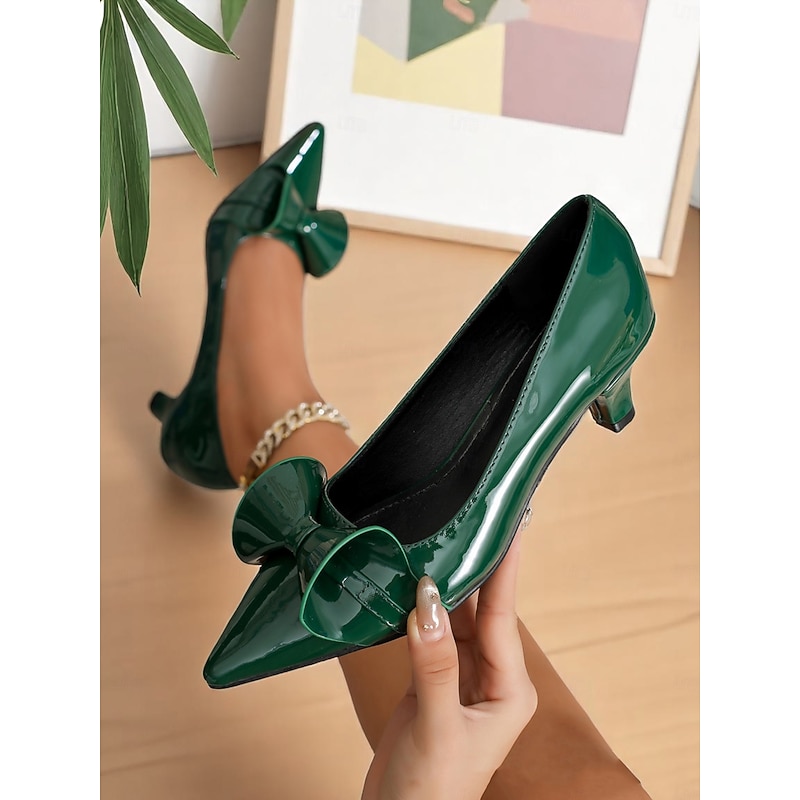 Women's Dark Green Bow Pointed Toe Heels – Patent Leather Mid Heels, Vintage-Inspired Style for Work, Parties and Dressy Occasions3