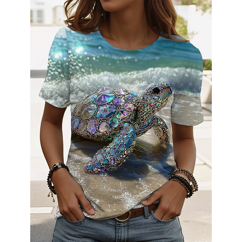 Women's T Shirt Graphic Animal Sea Turtle Vintage Stylish Classic Short Sleeve Crew Neck Round Neck Regular Tops Daily Weekend Print White Royal Blue Blue Green off-white Summer Spring