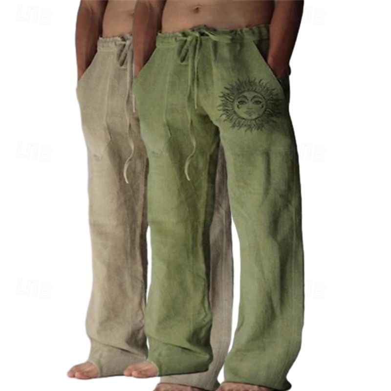 Men's Linen Pants Trousers Summer Pants Baggy Pants Beach Pants Elastic Waist Drawstring Straight Leg Graphic Sun Soft Outdoor Full Length Outdoor Home Casual Fashion Streetwear Light gray+blue Light2