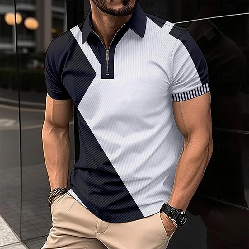 Men's Line Zip Polo Short Sleeve Turndown Business Casual Daily Sports & Outdoor Athleisure Zipper Color Block Summer Grey Black Blue