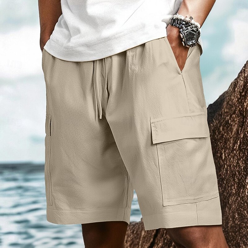 Men's Cargo Shorts Shorts Linen Shorts Summer Shorts Beach Shorts Drawstring Elastic Waist Multi Pocket Plain Knee Length Outdoor Casual Daily Vacation Hawaiian Black White Inelastic2