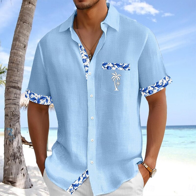 Men's Shirt Linen Shirt Summer Shirt Beach Shirt Button Up Shirt Floral Holiday Daily Wear White Pink Navy Blue Light Blue Short Sleeve Turndown Summer Clothing Apparel Front Pocket2