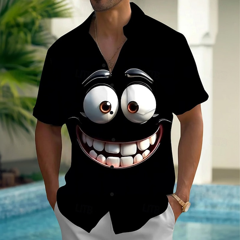 Men's Cartoon Funny Smile Face Shirt Summer Shirt Button Up Shirt Short Sleeve Fashion Casual Vacation Party Holiday Summer Spring Turndown 3D Print Collared Shirts Front One Pocket Black