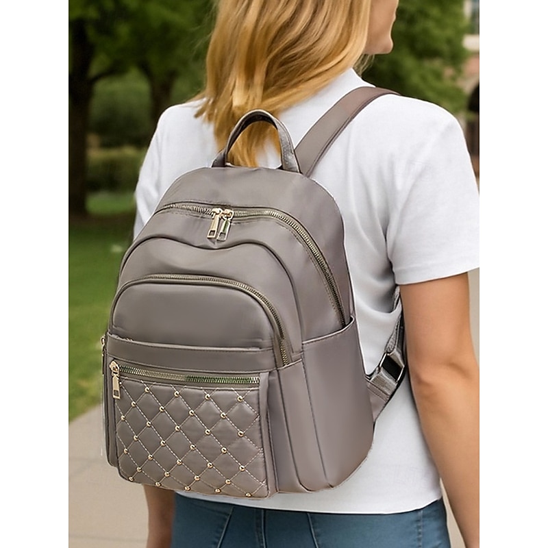 Women's Water-Repellent Nylon Backpack with Gold Zippers, Quilted Studded Design, Lightweight Fashion Daypack for College, Work and Travel