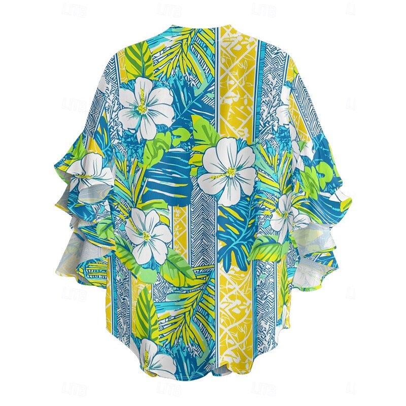 Women's Blouse Floral Stylish Modern 3/4 Length Sleeve V Neck Regular Tops Daily Holiday Ruffle Print Royal Blue Blue Green Summer2