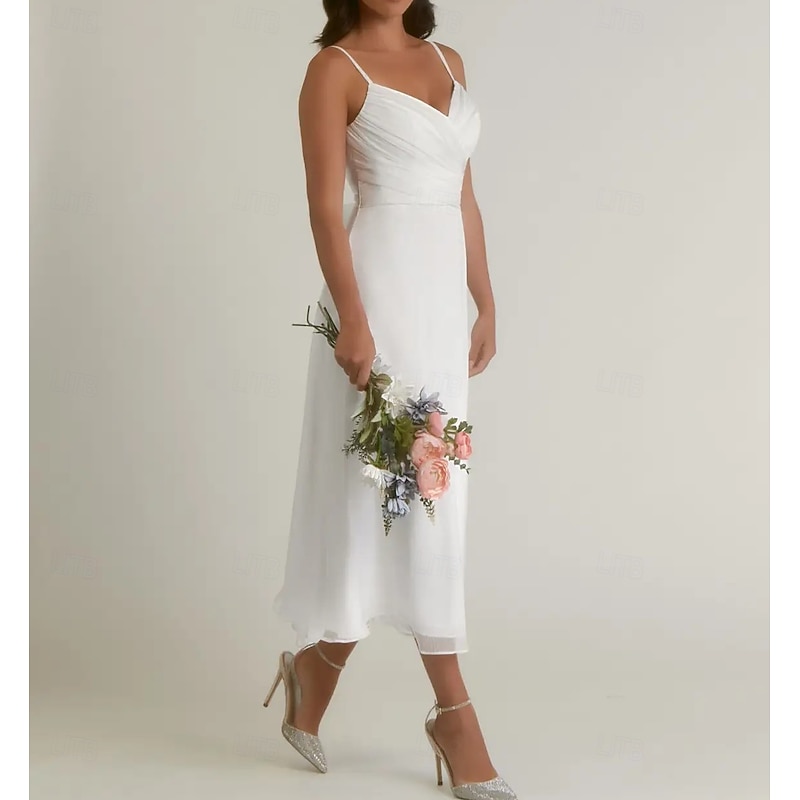 Engagement Little White Dresses Wedding Dresses A-Line V Neck Spaghetti Strap Tea Length Satin Bridal Gowns With Ruched3