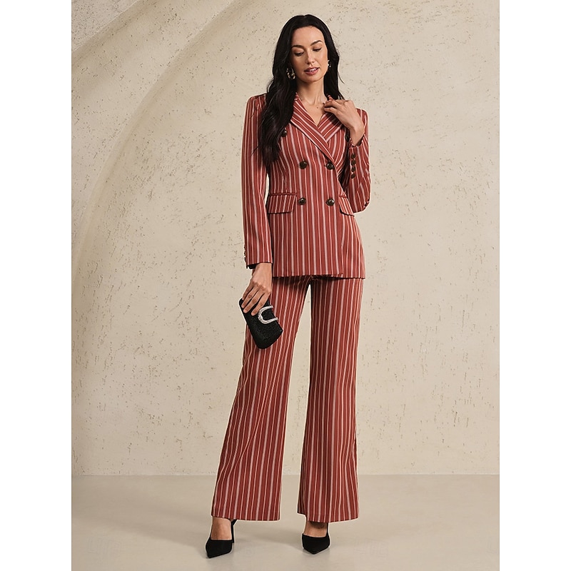 Women's 2 Pieces Pinstriped Suits Two Piece Formal Wedding Guest Formal Evening Elegant Vintage Simple Long Sleeve Ankle Length Peak Lapel Double Breasted3