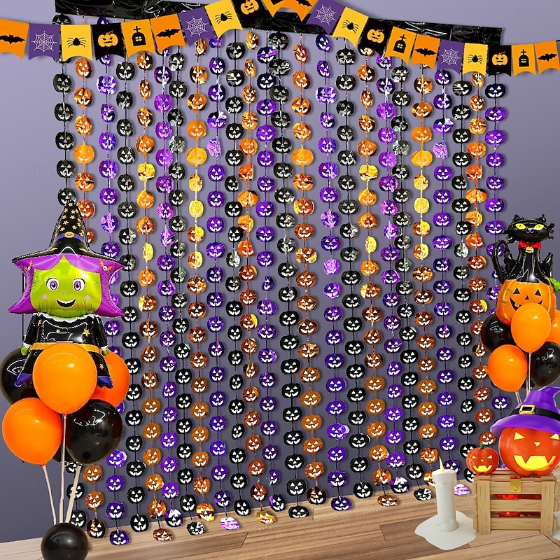 Halloween Foil Fringe Curtain Tinsel Curtain with Pumpkin Face, Bat and Skull, Spooky Hanging Backdrop for Scary Party Decorations and Photo Booth Props3