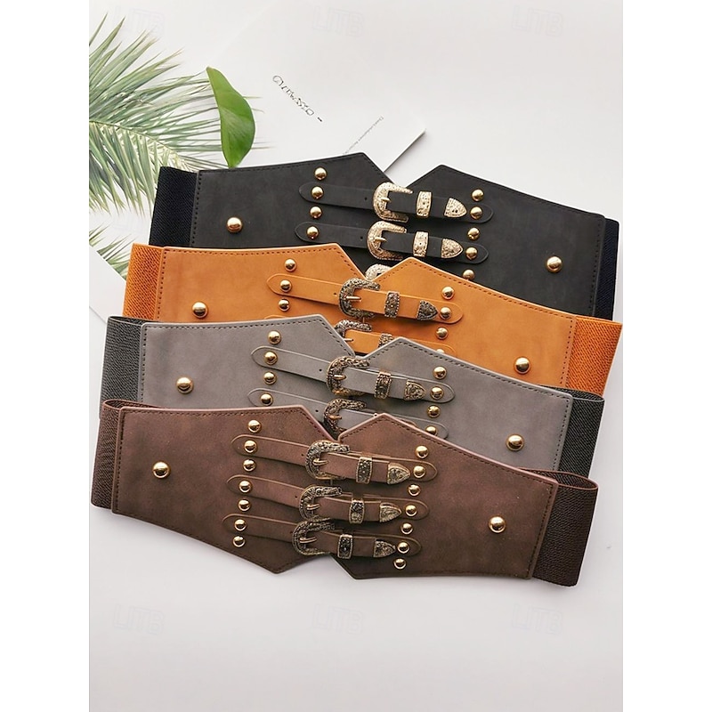 Women's Wide Elastic Waist Belt with Triple Vintage Buckles – Faux Leather Gothic Corset Cincher for Dresses and Costumes