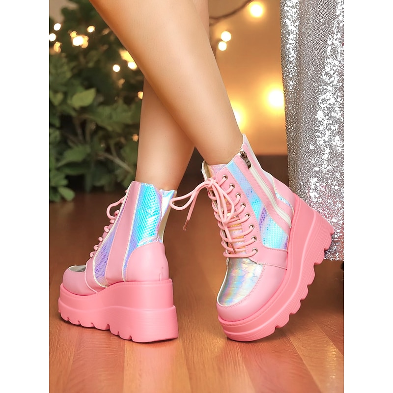 Women's Pink Platform Combat Boots, Holographic Lace-Up Chunky Heel Ankle Boots with Side Zipper, Bold Street Style for Nightlife and Party Outfits4