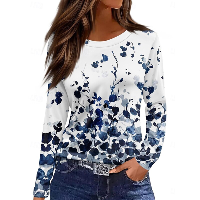 Women's T shirt Long Sleeve Crew Neck Long Sleeve Tunic Floral Graphic Plants Vintage Stylish Classic Round Neck Regular Tops Daily Print White Pink Blue Fall Prefall3