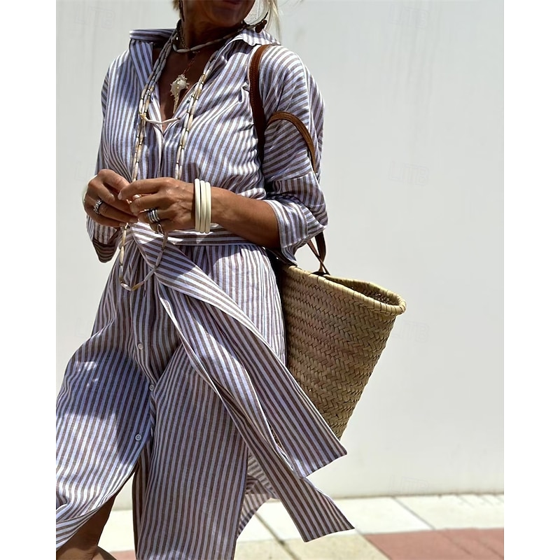 Women's Midi Dress Linen-Inspired Dresses Shirt Dress Casual Dress Fashion Modern Daily Beach Weekend Regular Fit Striped Long Sleeve Shirt Collar Pink Light Brown Blue Summer Spring
