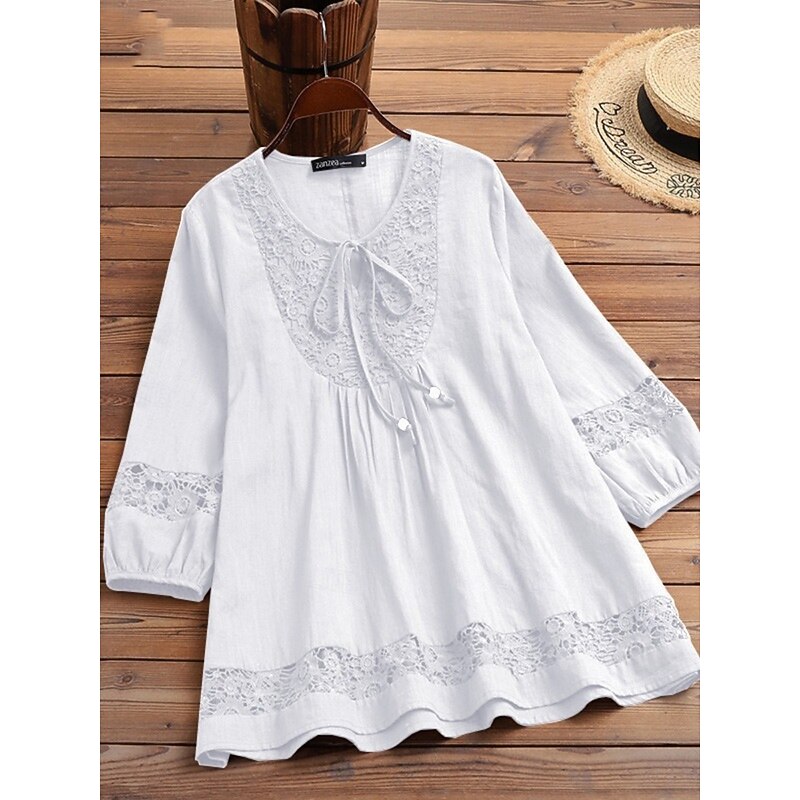 Women's Cotton Linen Shirts Solid Color Stylish Casual 3/4 Length Sleeve V Neck Regular Tops Daily Lace Patchwork Black White Wine Navy Blue Summer Spring