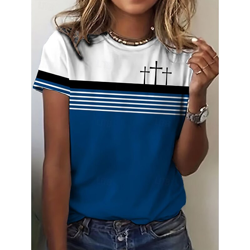 Women's T Shirt Graphic Striped Vintage Stylish Classic Short Sleeve Crew Neck Regular Tops Daily Weekend Print Red Blue Brown Summer Spring2