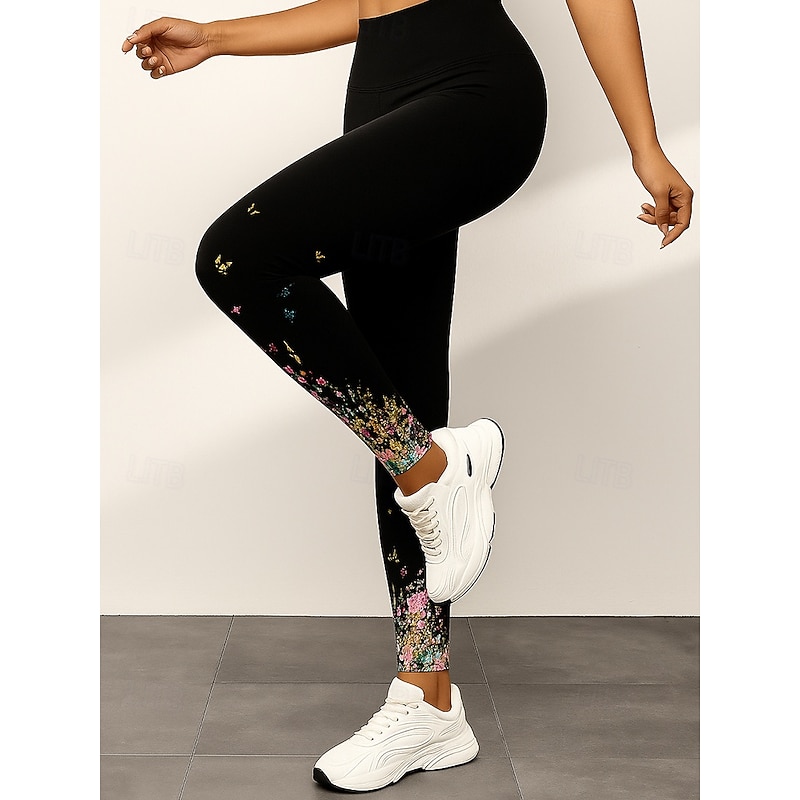 Women's Leggings Elegant Vacation Fashion Ankle-Length High Waist Floral Graphic 3D Print Quick Dry Breathability Soft Stretchy Outdoor Home Causal Black White Fall Slim Fit