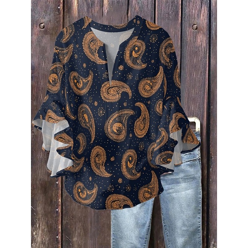 Women's Blouse Paisley Retro Vintage Ethnic 3/4 Length Sleeve V Neck Regular Tops Daily Holiday Ruffle Print Black Navy Blue Purple Orange Summer