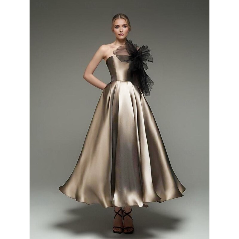 A-Line Cocktail Dresses Elegant Gown Formal Wedding Tea Length Midi Length Sleeveless Strapless Organza with Shouder Flower and Pockets