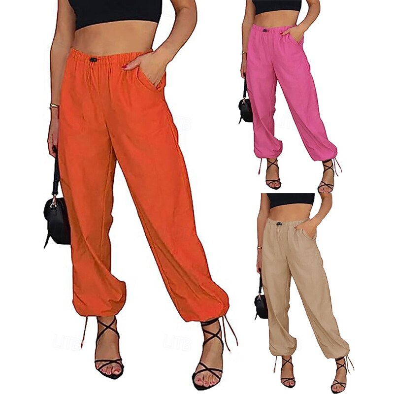 Women's Slacks Bloomers Streetwear Full Length Natural Plain Pocket Elastic Waist Comfy Outdoor Comfortable Street Going out Orange red Pink Khaki Summer Regular Fit