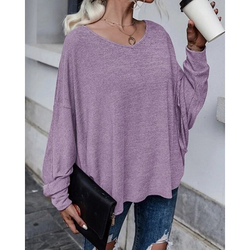Women's Blouse Plain Casual Long Sleeve V Neck Regular Tops Daily Holiday Going out Asymmetric Hem Dusty Blue Purple Light Blue Summer