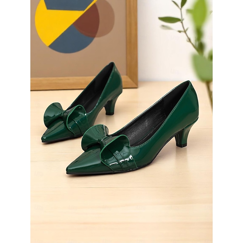 Women's Dark Green Bow Pointed Toe Heels – Patent Leather Mid Heels, Vintage-Inspired Style for Work, Parties and Dressy Occasions4