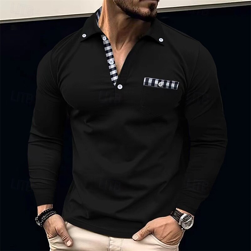 Men's Golf Shirt Golf Polos Shirts Work Casual Lapel Long Sleeve Basic Modern Plaid Color Block Patchwork Buttons Spring Fall Regular Fit Apricot Black White Wine Navy Blue Orange Golf Shirt3