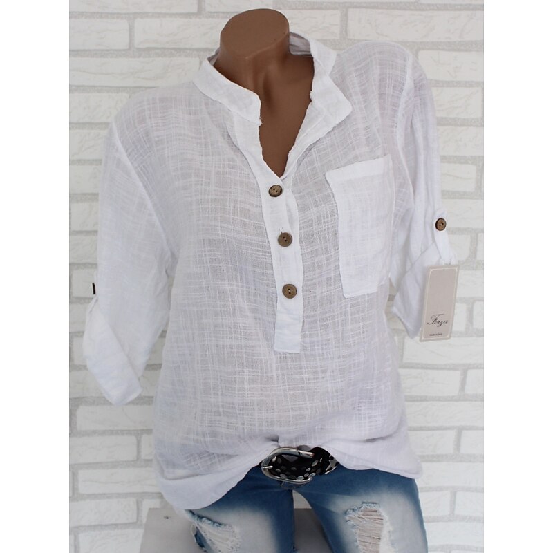 Women's Cotton Linen Shirts Solid Color Stylish Casual Long Sleeve V Neck Regular Tops Daily Buttons White Pink Red Blue Gray Summer Spring2