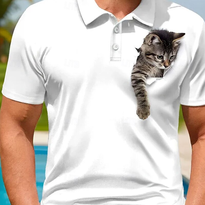 Men's Animal Cat Polo Short Sleeve Turndown Casual Daily Athleisure Casual Daily Buttons Summer White2