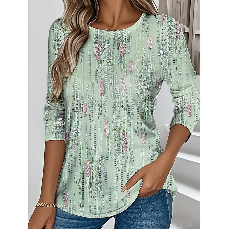 Women's T shirt Long Sleeve Crew Neck Long Sleeve Tunic Graphic Geometric Abstract Elegant Vintage Stylish Regular Tops Daily Print Pink Blue Purple Green Prefall