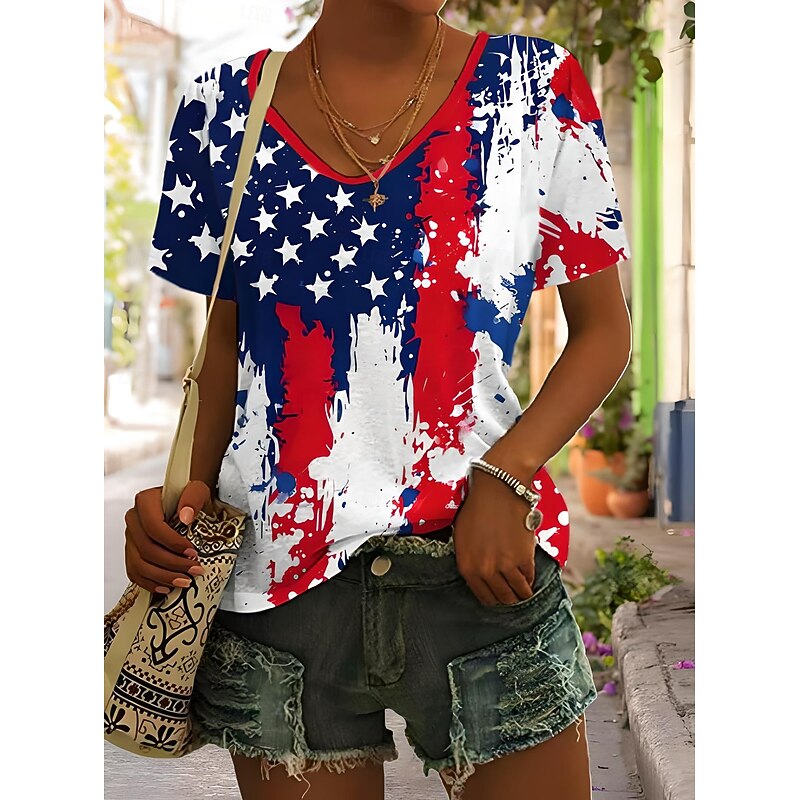Women's Patriotic  T Shirt Graphic Plants American Flag Vintage Stylish Classic Short Sleeve V Neck Regular Tops Daily Weekend Print Black White Red Light Brown Blue4