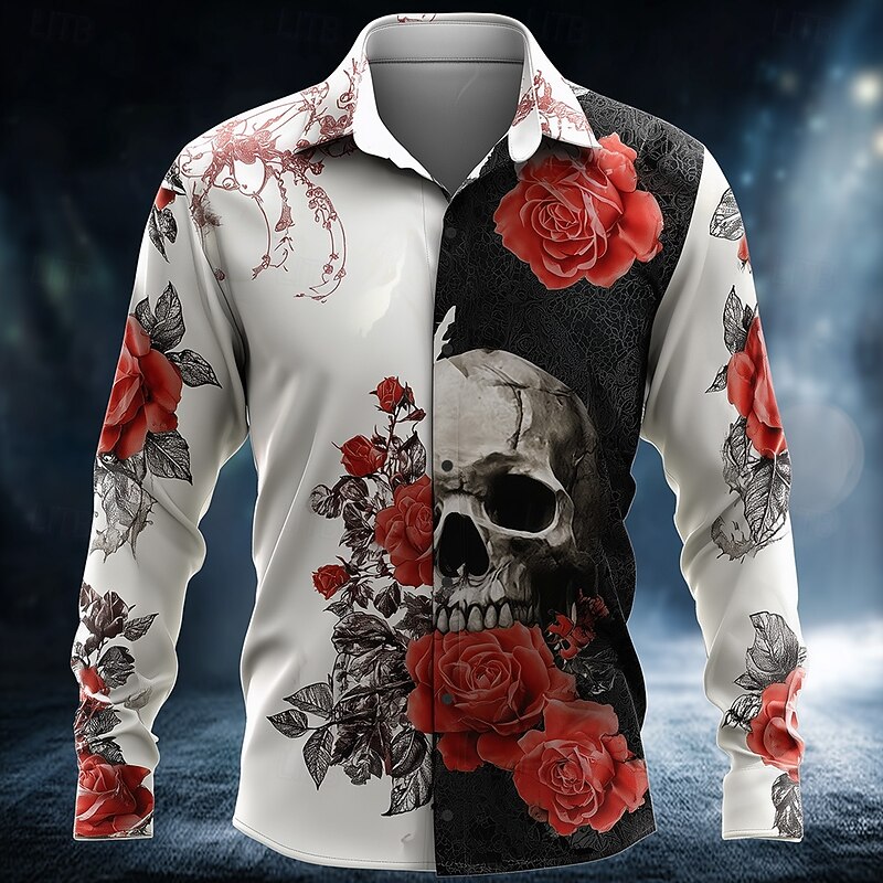 Men's Skeleton Halloween Costumes Day of the Dead Shirt Button Up Shirt Long Sleeve Dark Gothic Style Holiday Streetwear Summer Spring Turndown 3D Print Collared Shirts White+Black White