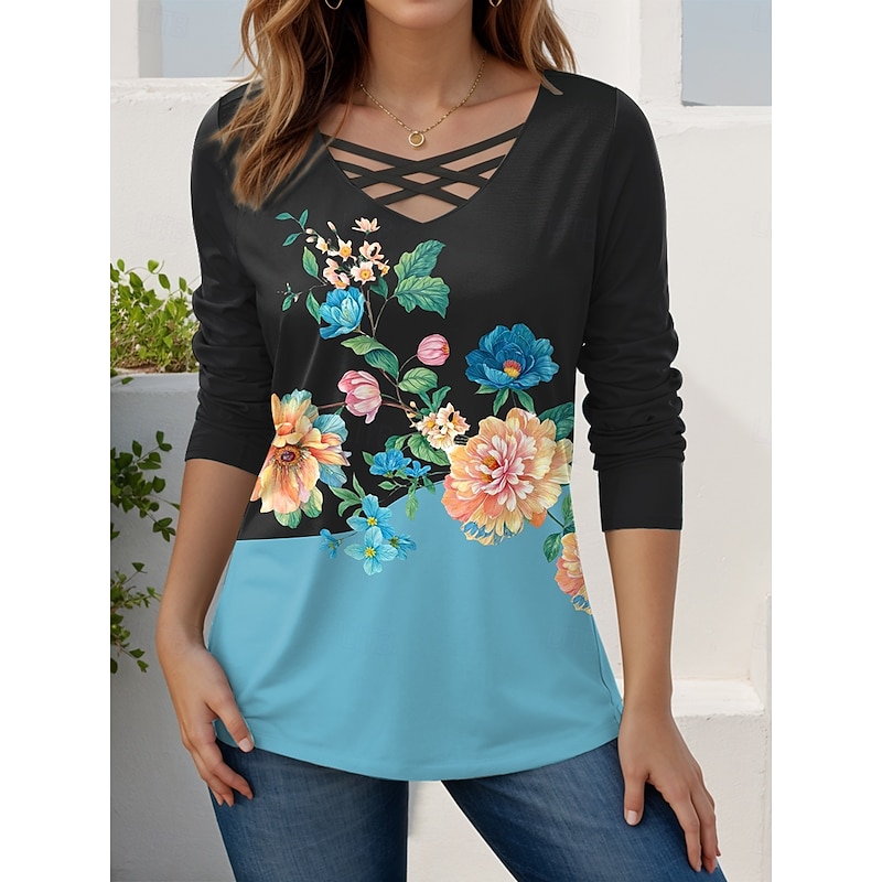 Women's T Shirt Floral Graphic Vintage Stylish Modern Long Sleeve V Neck Regular Tops Daily Cut Out Print Red Blue Sky Blue Purple Spring Fall4