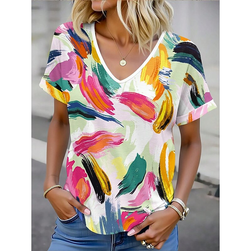 Women's T Shirt Floral Graphic Vintage Stylish Modern Short Sleeve V Neck Regular Tops Daily Print Pink Fuchsia Green Summer Spring3