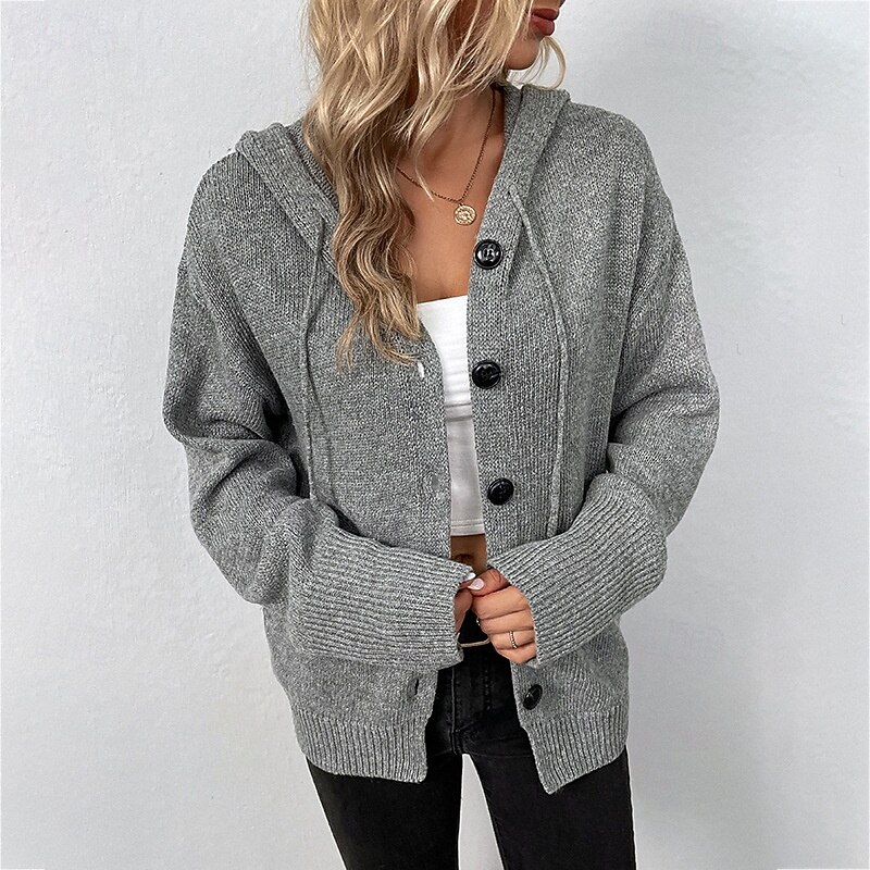 Women's Cardigan Fashion Soft Solid Color Ribbed Hooded Buttons Knitted Long Sleeve Regular Tops Knit Holiday Going out Weekend Black White Fall3