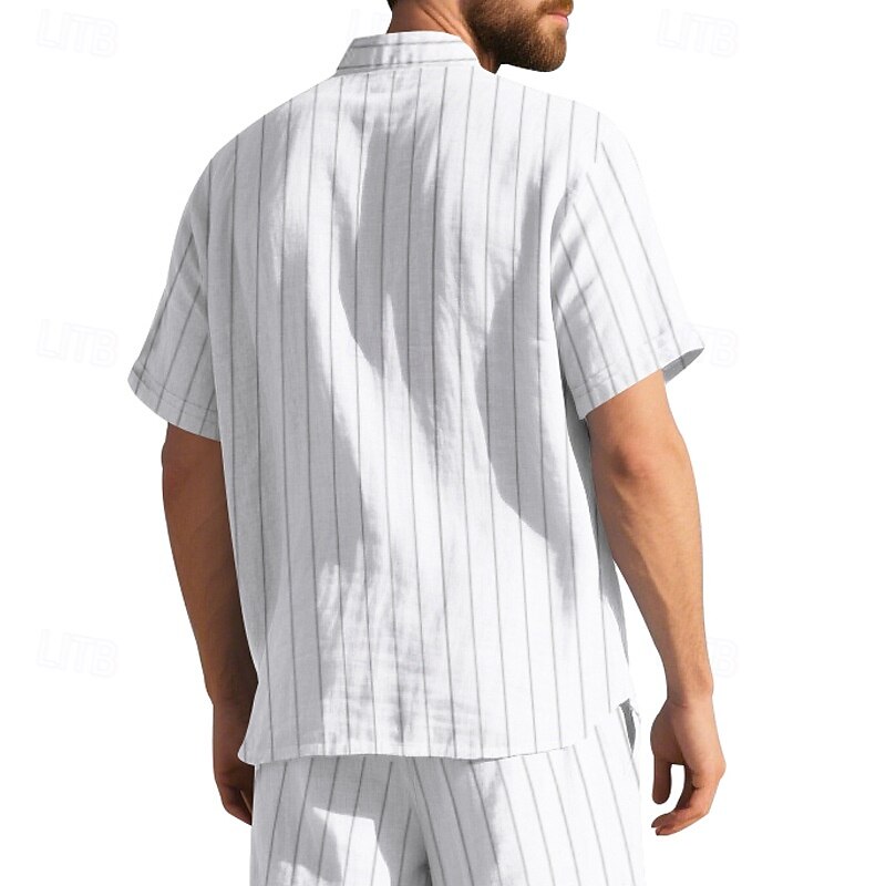 Men's Shirt Linen Shirt Casual Shirt Button Up Shirt Cotton Shirt Stripes Vacation Street Black White Navy Blue Khaki Short Sleeve Turndown Summer Clothing Apparel Button-Down3