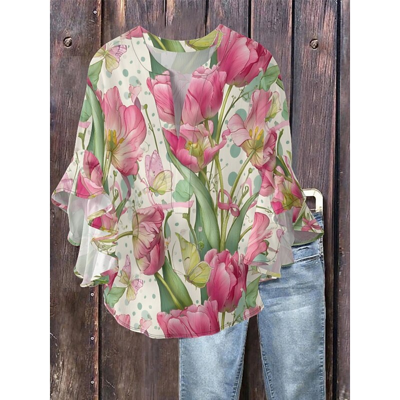 Women's Blouse Floral Stylish Modern 3/4 Length Sleeve V Neck Regular Tops Daily Holiday Ruffle Print Grass Green Pink Navy Blue Blue Green Summer4