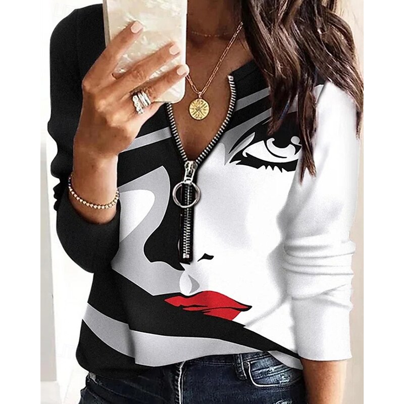 Women's Blouse Flower Modern Casual Long Sleeve V Neck Regular Tops Daily Holiday Zipper Print Black White Blue Fall2