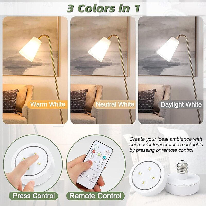 Battery Operated Light Bulbs Sets of 2 LED Puck Lights with Remote Control AA Battery Bulb Dimmable E26 Screw in Type for Non Electric Pendant Light and Wall Sconce4