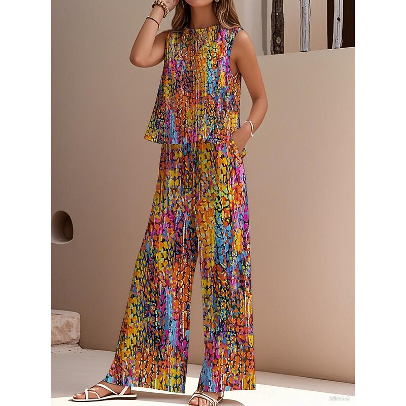 Women's Elegant Fashion Streetwear Two Piece Sets Blouse Vest Pants Trousers Sleeveless Crew Neck Outdoor Work Casual Floral Print Vacation Vintage Daily Holiday Blue Purple Fuchsia Summer Regular Fit2