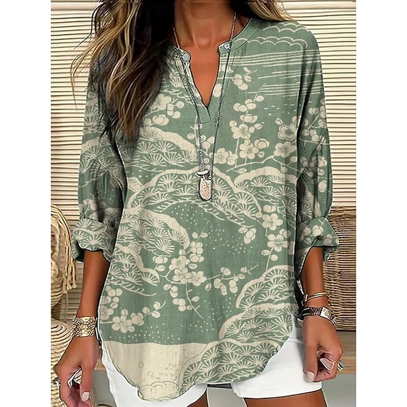 Women's Shirt Floral Stylish Modern Long Sleeve V Neck Regular Tops Daily Holiday Buttons Print Red Green Summer