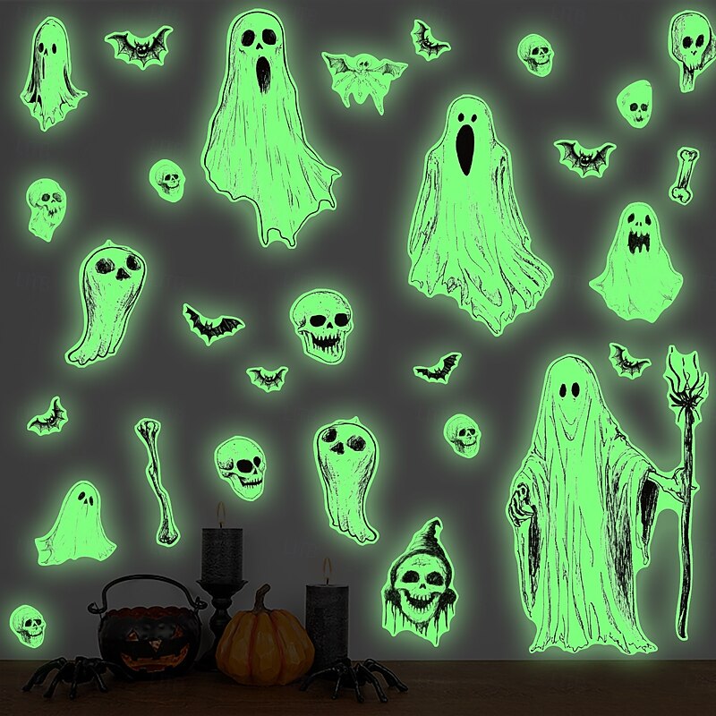 Halloween Wall Window Stickers Glow in the Dark, Scary Eyes Ghost Face Decals Fluorescent Luminous Clings for Day of the Dead Scene Wall Window Decorations2
