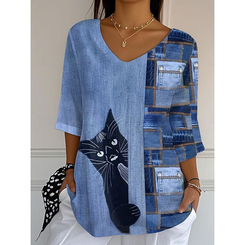 Women's Blouse Graphic Animal Cat Vintage Daily Stylish 3/4 Length Sleeve V Neck Regular Tops Daily Print Blue Summer Spring