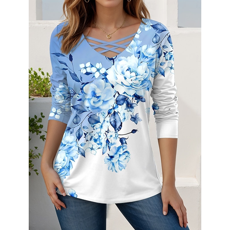 Women's T Shirt Floral Graphic Vintage Stylish Modern Long Sleeve V Neck Regular Tops Daily Cut Out Print Red Blue Sky Blue Purple Spring Fall3
