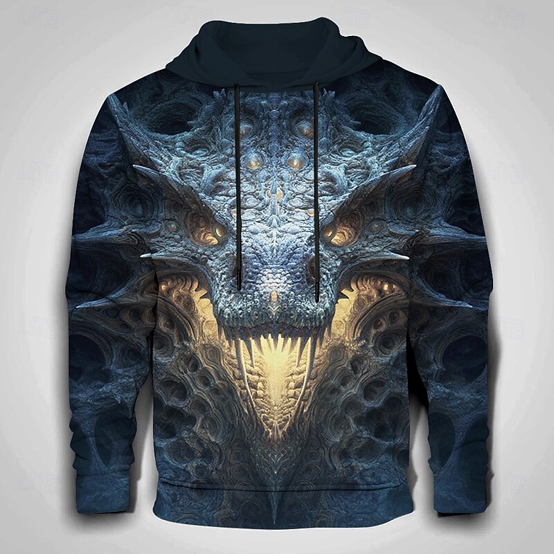 Men's Dragon 3D Hoodies Sweatshirt Cool Party Long Sleeve Crew Neck Club Streetwear Black Blue Drawstring Fall Winter Designer