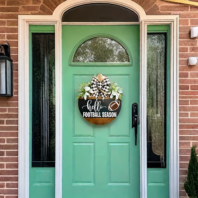 Hello Football Season Door Sign, Rustic Wooden Football Welcome Sign with Bow, Farmhouse Front Door Wreath for Fall Football Decor, Game Day Party Decoration2