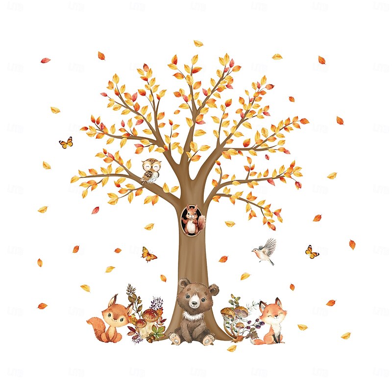 Fall Wall Decal Stickers Autumn Thanksgiving Decoration, Removable Tree, Fox and Squirrel Wall Stickers for Living Room and Bedroom Background Home Decor3
