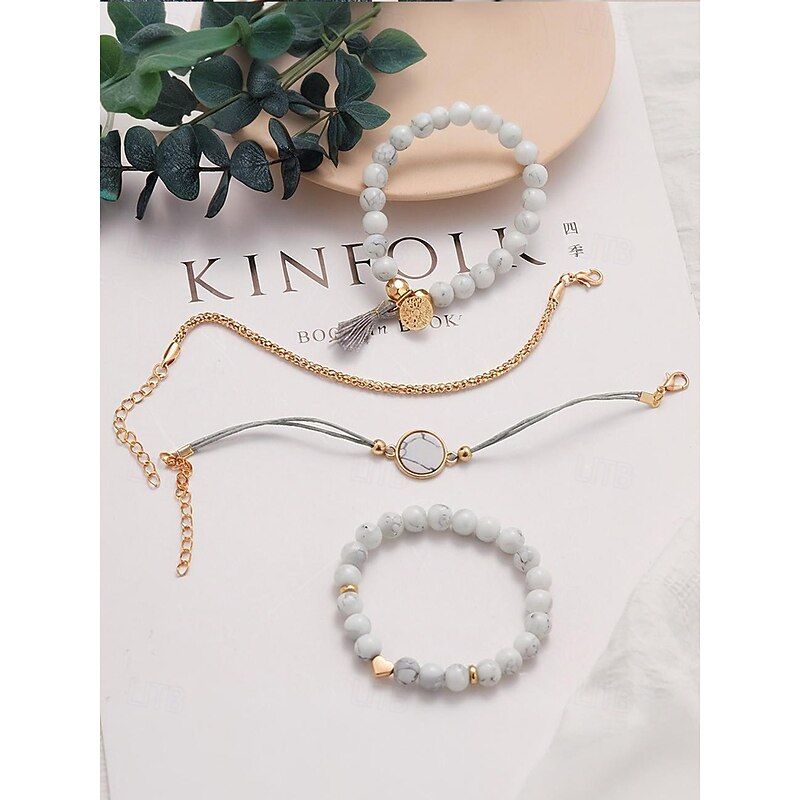 Women's Howlite Beaded Bracelet Set – Boho Layered Stack with Heart Charm, Marble Pendant and Tassel for Casual Wear, Beach Outfits and Gifts4