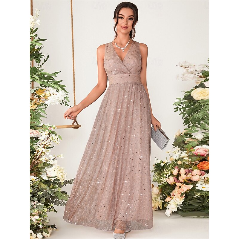 A-Line Bridesmaid Dress V Neck Sleeveless Elegant Floor Length Chiffon with Sequin