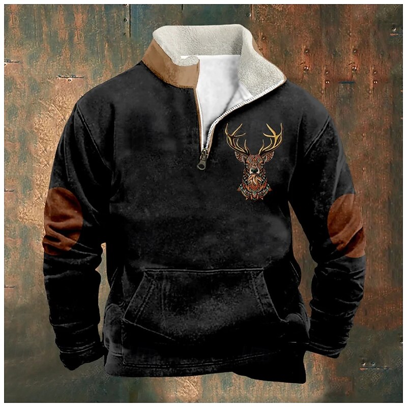 Men's Sweatshirt Quarter Zip Sweatshirt Black Brown Half Zip Color Block Reindeer Half Zip Print Sports & Outdoor Daily Holiday Polyester Vintage Streetwear Casual Fall & Winter Clothing Apparel2